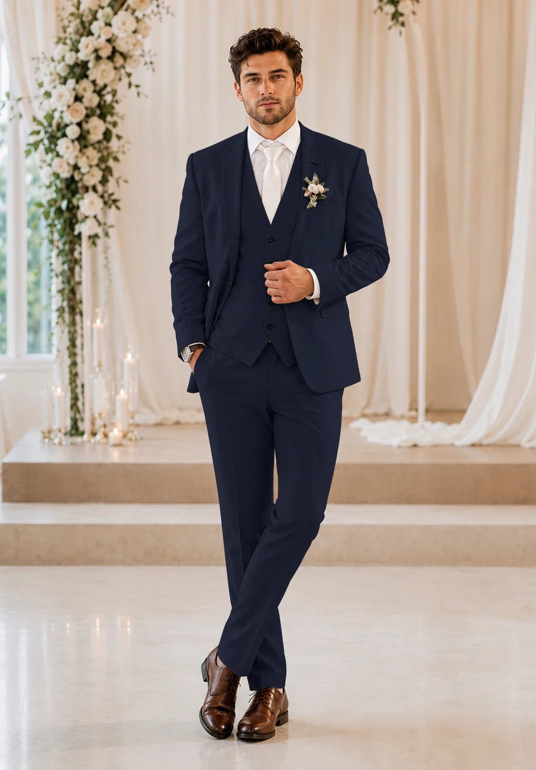 Men's Slim-Fit Three-Piece Suit in a Linen Blend with Notch Lapel and Five-Button Vest