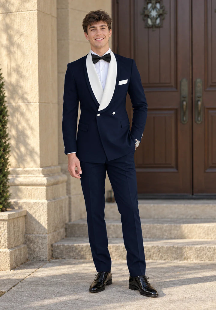 Completo da uomo a due pezzi dal taglio slim con rever a scialle a contrasto e due bottoni