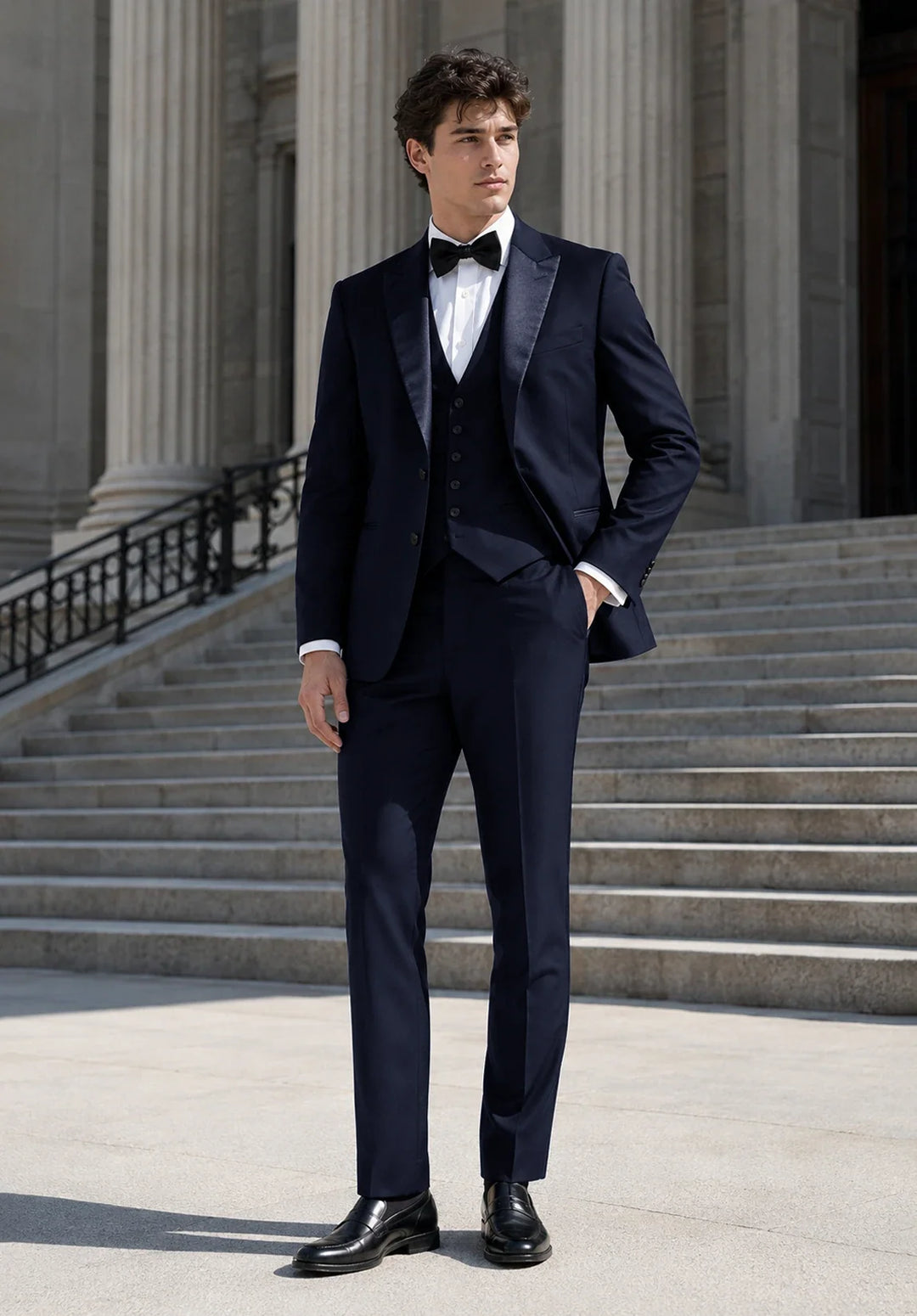 Costume Trois Pièces Homme Coupe Regular avec Col Peak en Satin et Gilet Boutonné