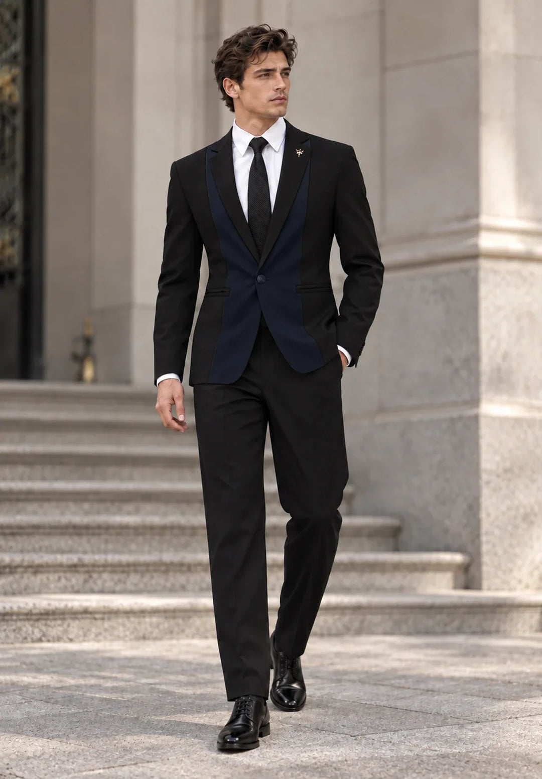 Costume Deux Pièces Homme Coupe Slim avec Design à Panneaux Contrastants et Col Peak