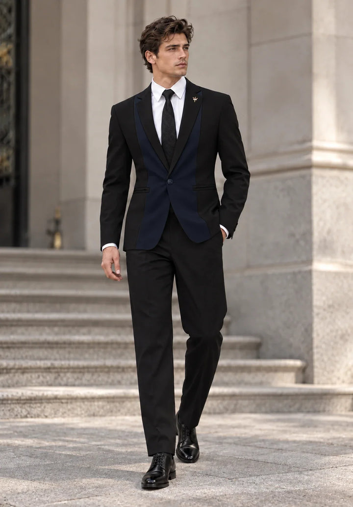 Costume Deux Pièces Homme Coupe Slim avec Design à Panneaux Contrastants et Col Peak