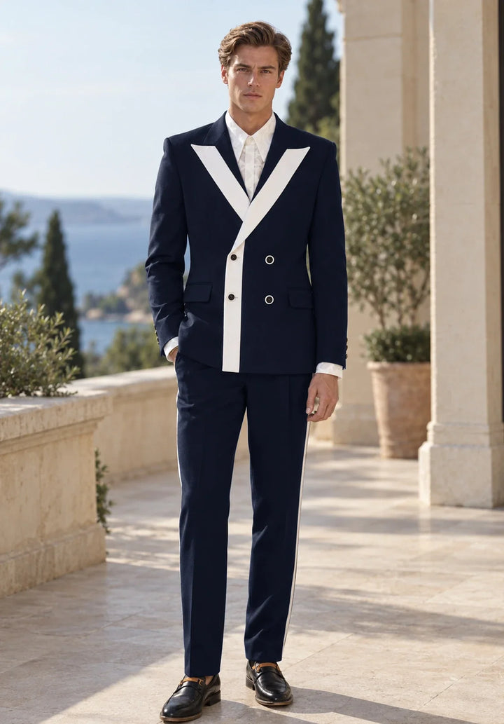 Costume Deux Pièces Homme Coupe Slim avec Panneau Contrastant en V et Deux Boutons