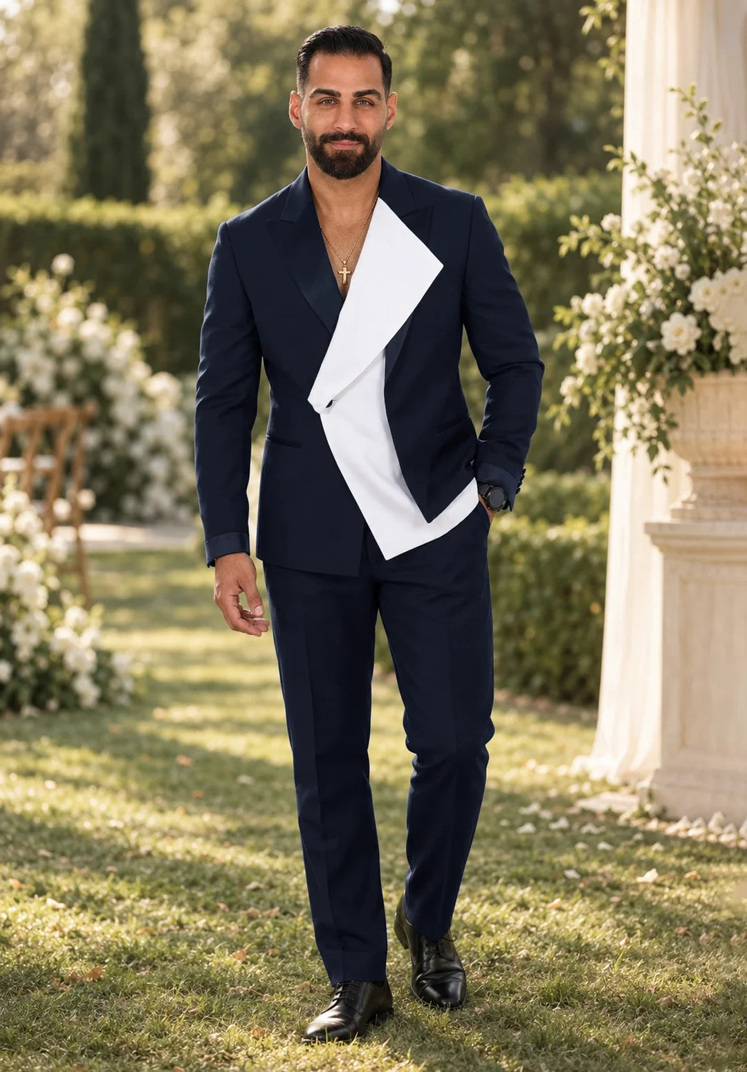 Costume Deux Pièces Homme Coupe Regular avec Panneau Blanc Asymétrique et Col Châle