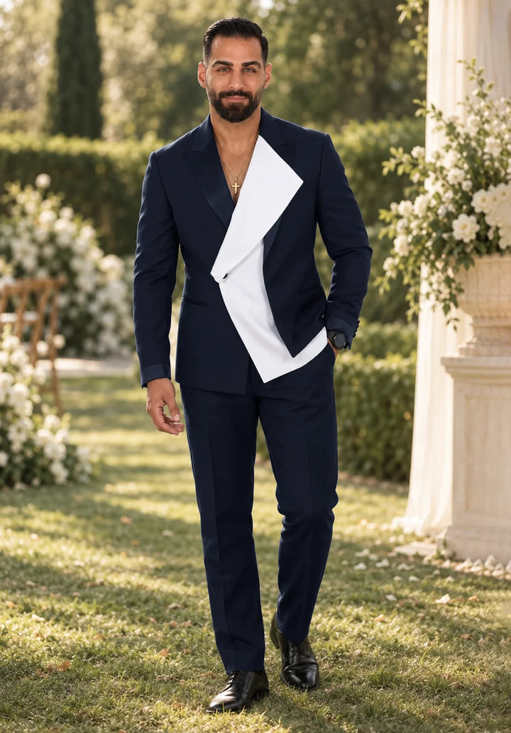 Costume Deux Pièces Homme Coupe Regular avec Panneau Blanc Asymétrique et Col Châle