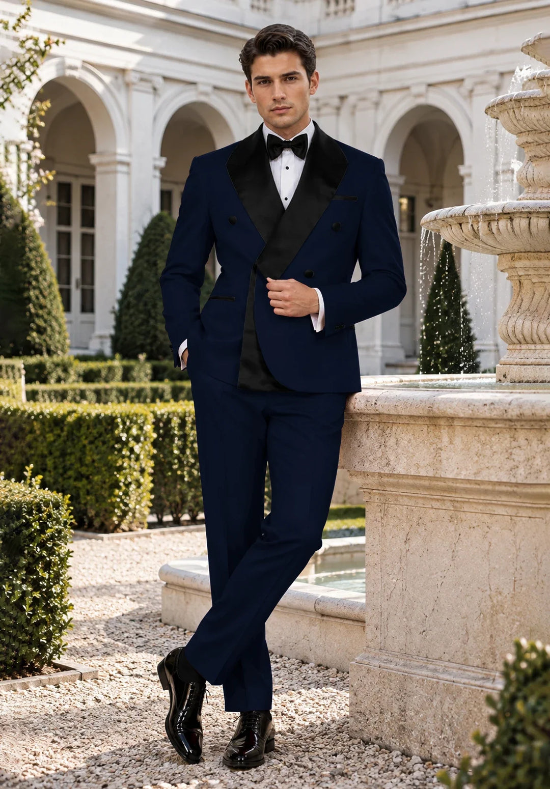 Men's Slim-Fit Double-Breasted Two-Piece Tuxedo Suit with Contrasting Lapel
