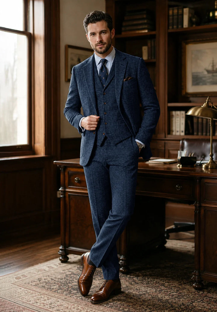 Costume Trois Pièces Homme Coupe Classique en Chevrons avec Gilet Boutonné