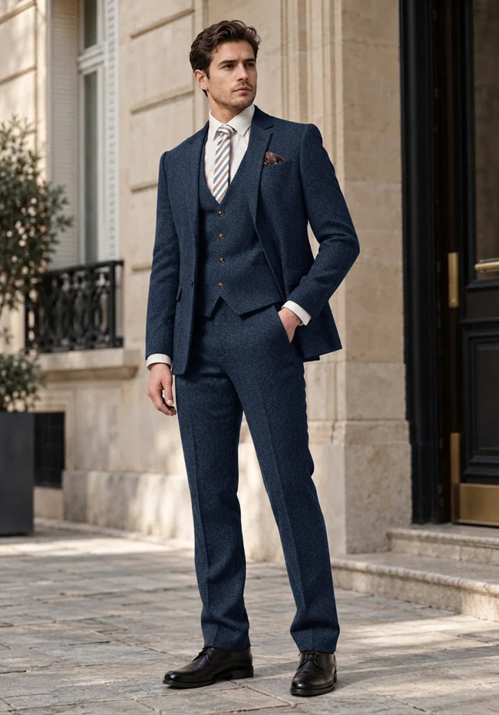 Costume Trois Pièces Homme Coupe Regular en Chevrons avec Gilet Boutonné
