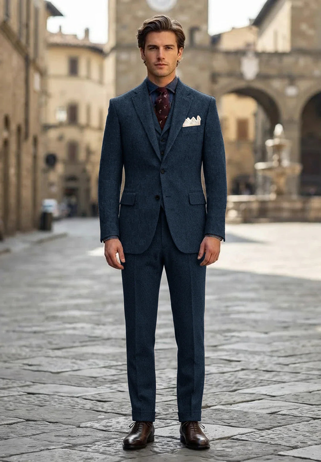Costume Trois Pièces Homme Coupe Slim en Chevrons avec Col Notch et Poche Poitrine