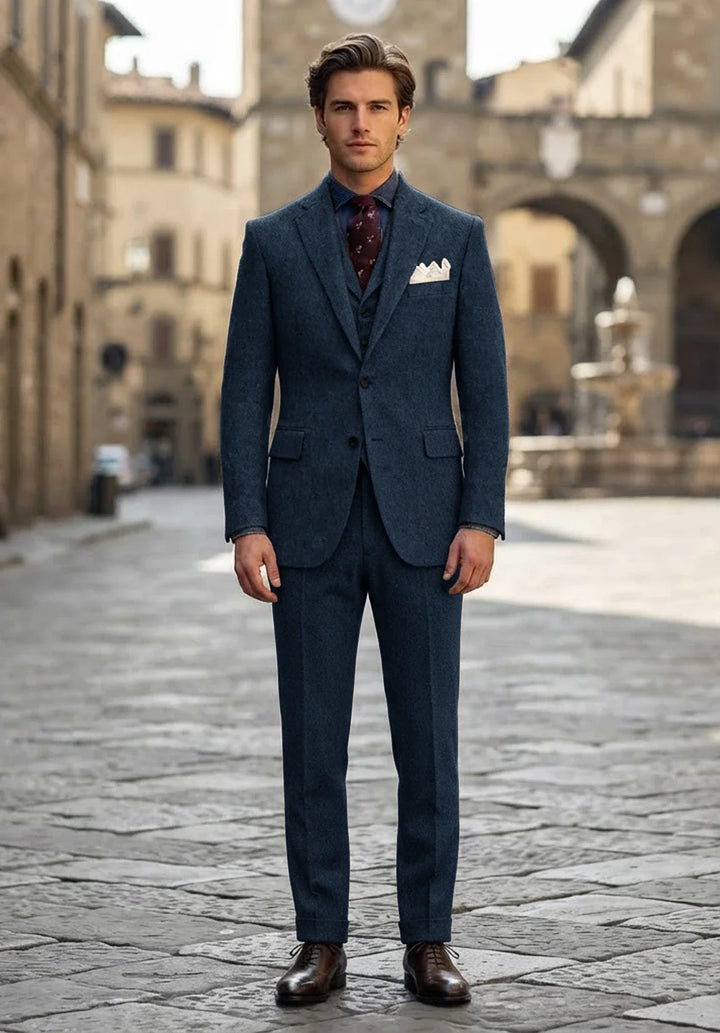 Costume Trois Pièces Homme Coupe Slim en Chevrons avec Col Notch et Poche Poitrine