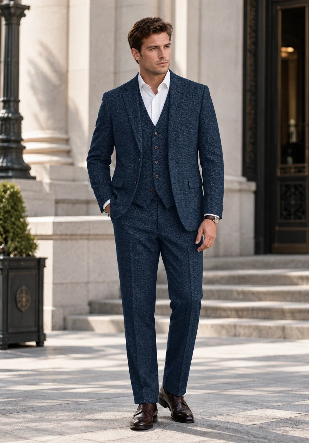 Completo uomo tre pezzi slim fit a spina di pesce con gilet abbottonato