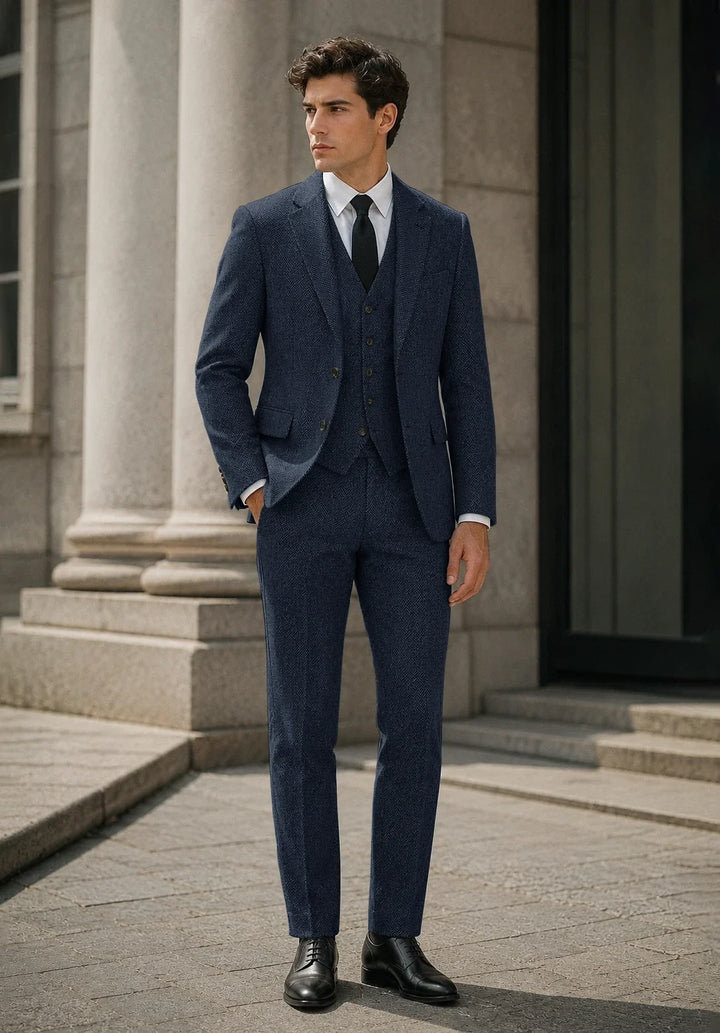 Costume Trois Pièces Homme Coupe Slim en Chevrons avec Col Notch et Gilet Cinq Boutons