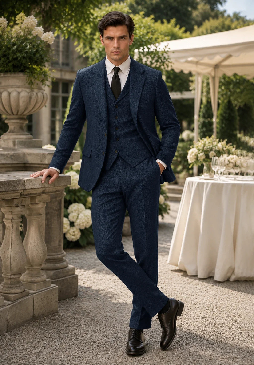 Costume Trois Pièces Homme Coupe Slim en Chevrons avec Col Notch et Gilet Assorti