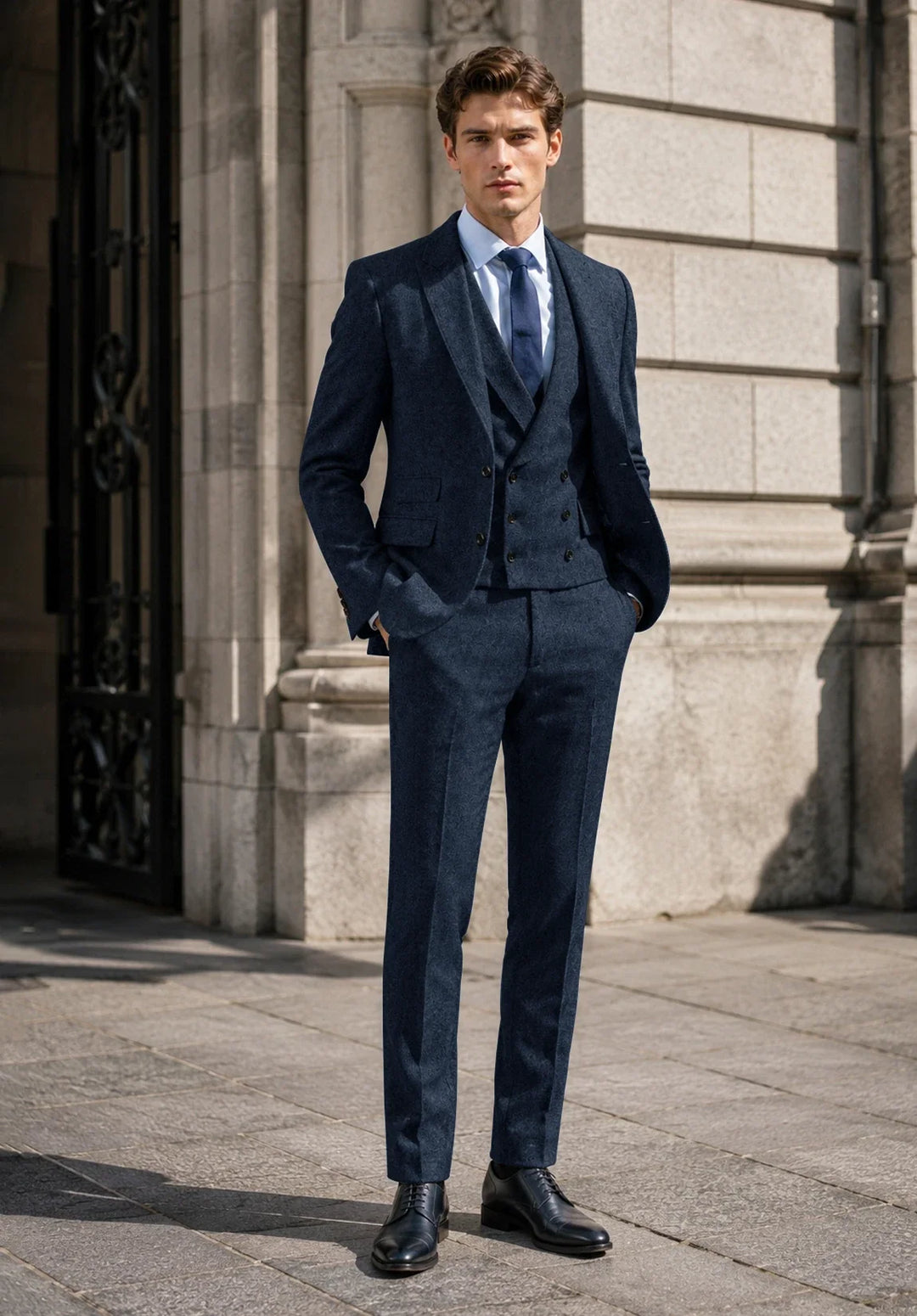 Abito da uomo a tre pezzi slim fit con motivo a spina di pesce, rever a lancia e gilet doppiopetto