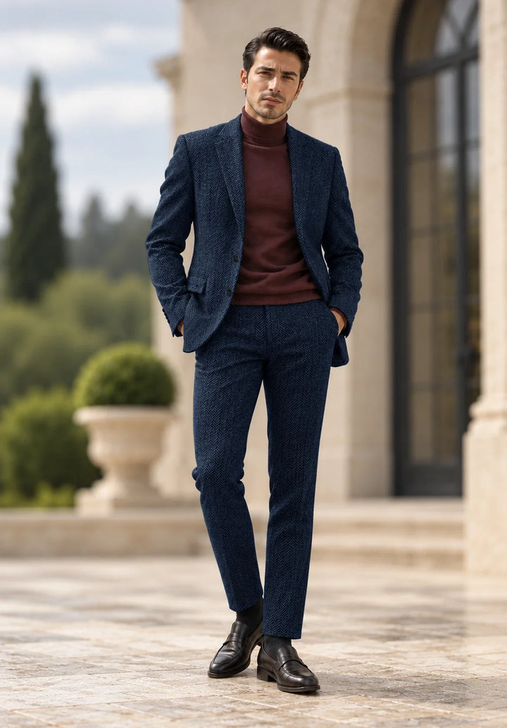 Costume Deux Pièces Homme Coupe Slim en Chevrons avec Col Notch et Poches à Rabat