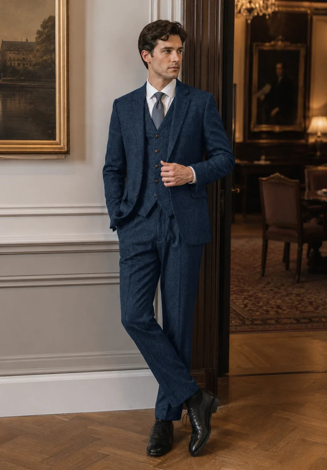 Costume Trois Pièces Homme Coupe Regular en Chevrons avec Col Notch Classique et Gilet Assorti