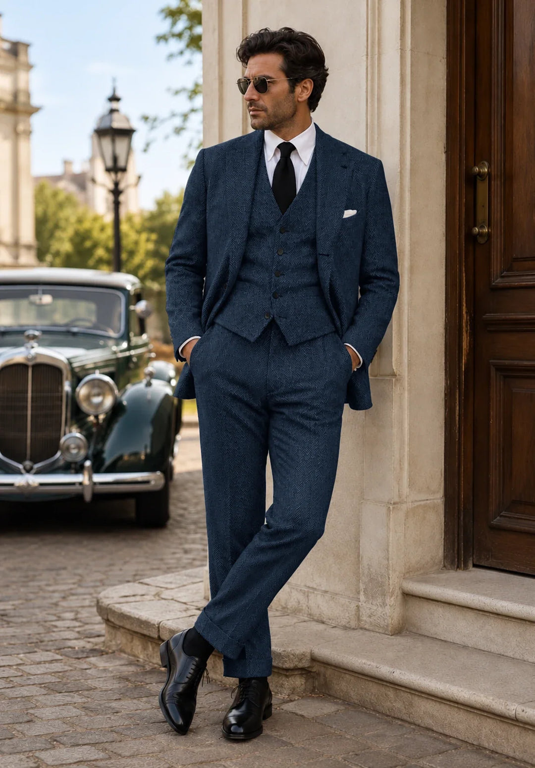 Costume Trois Pièces Homme Coupe Regular en Chevrons avec Gilet et Pantalon Assortis