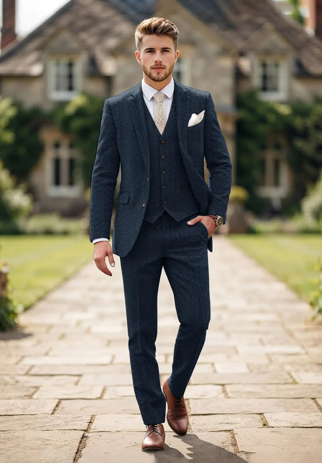 Costume Trois Pièces Homme Coupe Regular en Chevrons avec Col Notch et Poches à Rabat