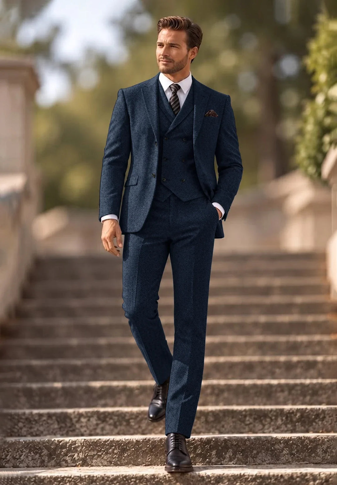 Herenkostuum in drie delen met slim fit in visgraatmotief, met double-breasted vest