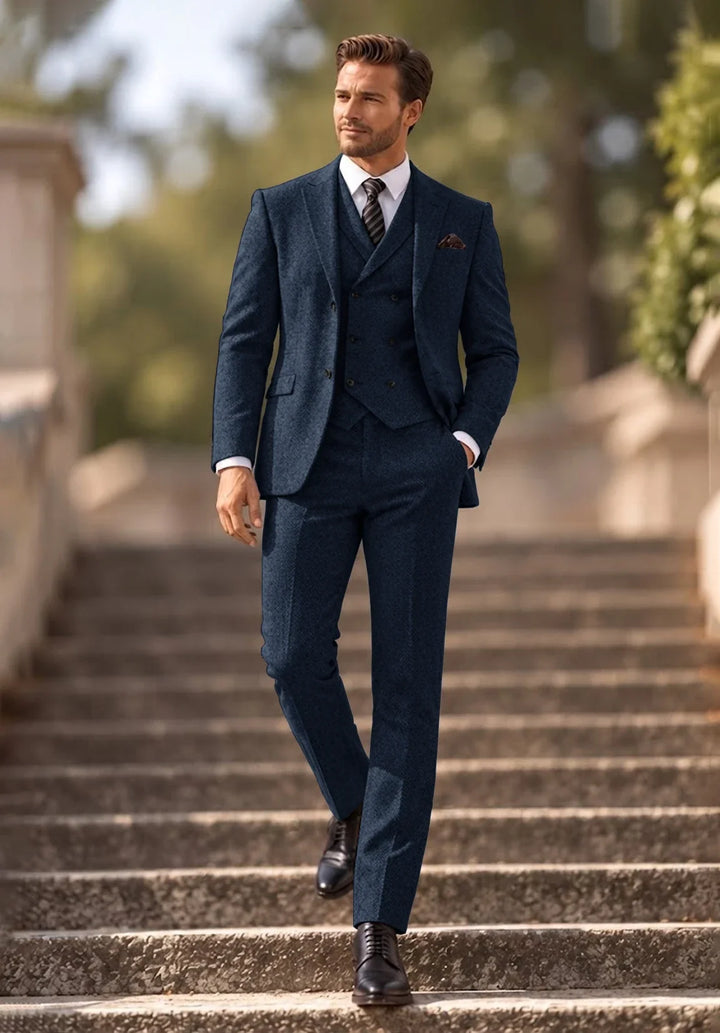 Herenkostuum in drie delen met slim fit in visgraatmotief, met double-breasted vest