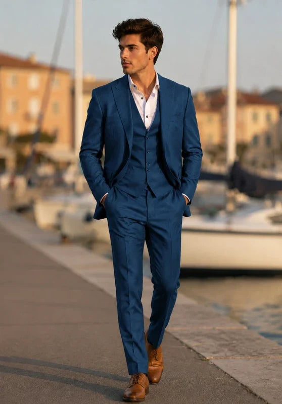 Costume Trois Pièces Homme Coupe Slim avec Col Notch et Gilet Cinq Boutons