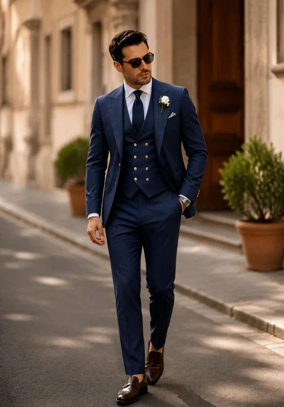 Costume Trois Pièces Homme Coupe Regular avec Gilet Croisé et Col Peak