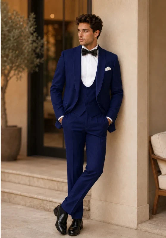 Costume Trois Pièces Homme Coupe Classique avec Col Notch en Satin et Gilet Cinq Boutons