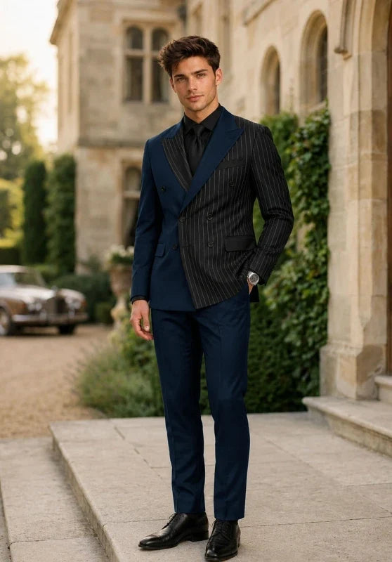 Men’s Two-Piece Striped Suit with Double-Breasted Jacket and Wide Peak Lapels