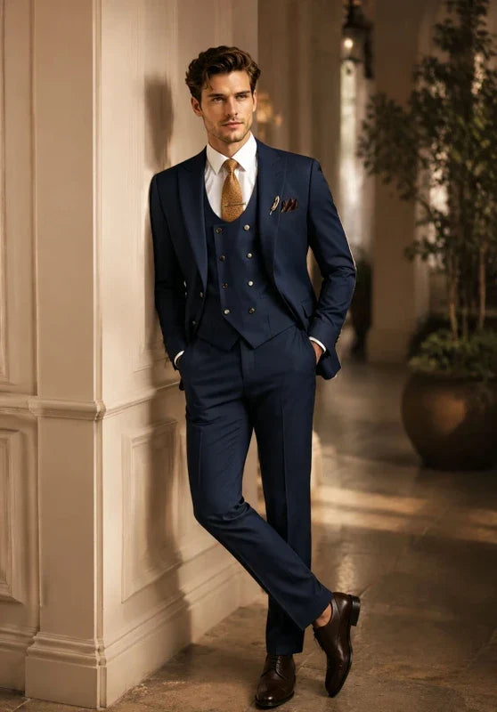 Costume Trois Pièces Homme Coupe Slim Élégant avec Col Peak et Gilet Croisé