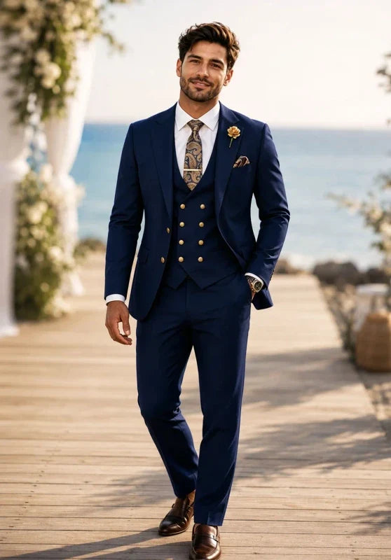 Costume Trois Pièces Homme Coupe Slim avec Col Notch et Gilet Croisé