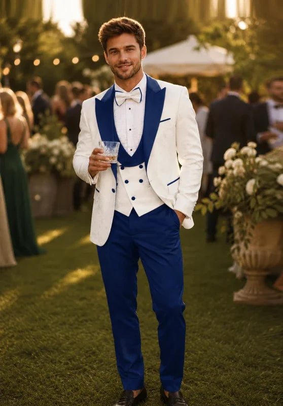 Costume Trois Pièces Homme Coupe Slim avec Col Contrastant et Gilet Croisé