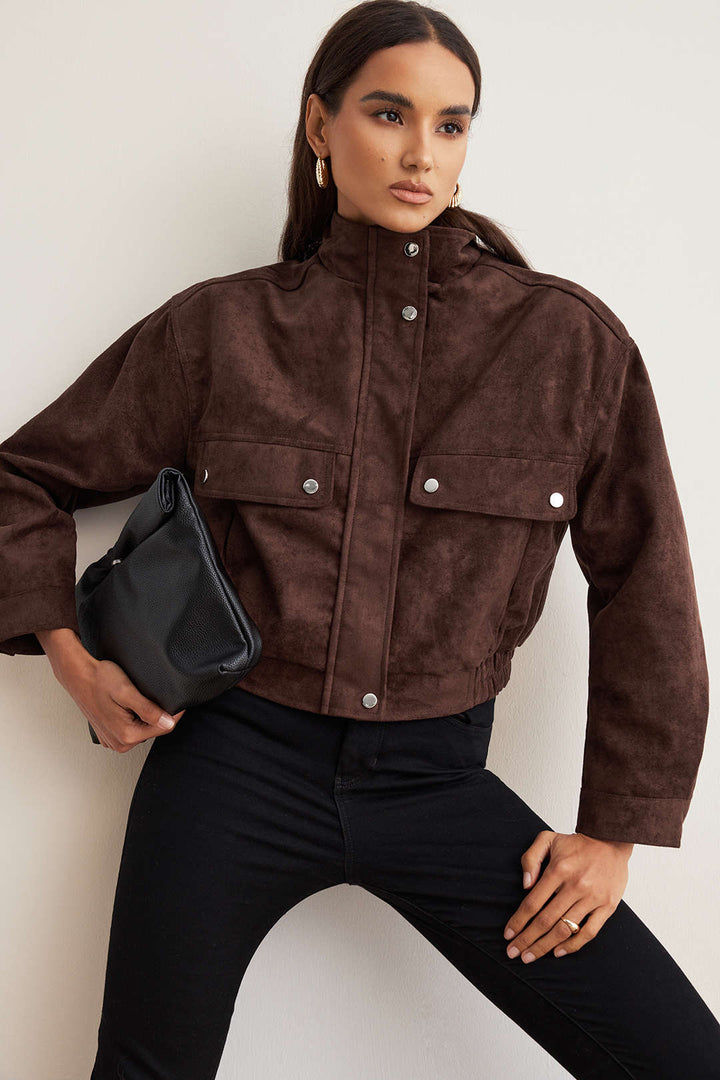Veste Courte Femme Col Montant Poches Rabats