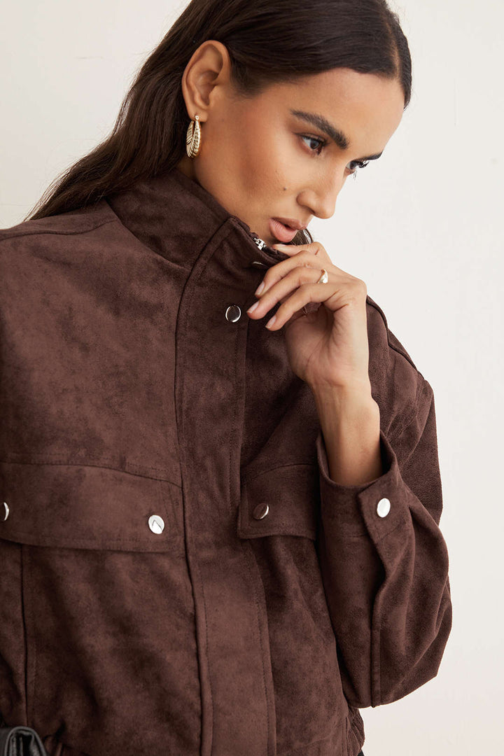 Veste Courte Femme Col Montant Poches Rabats