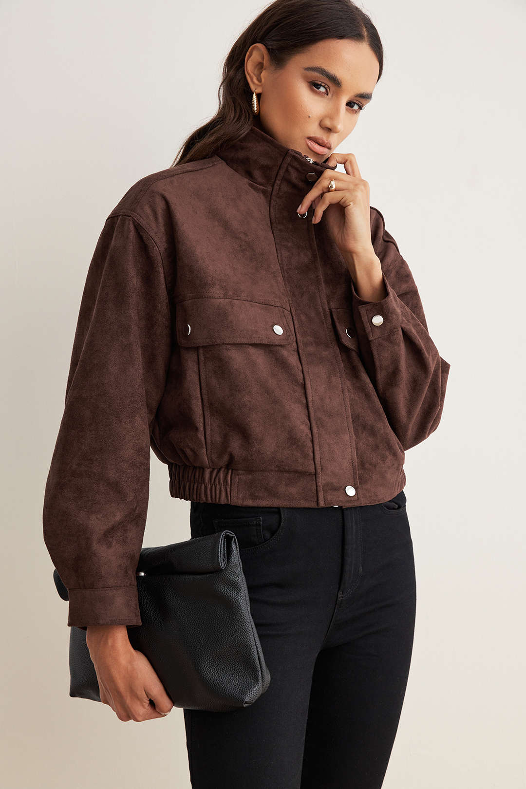 Veste Courte Femme Col Montant Poches Rabats