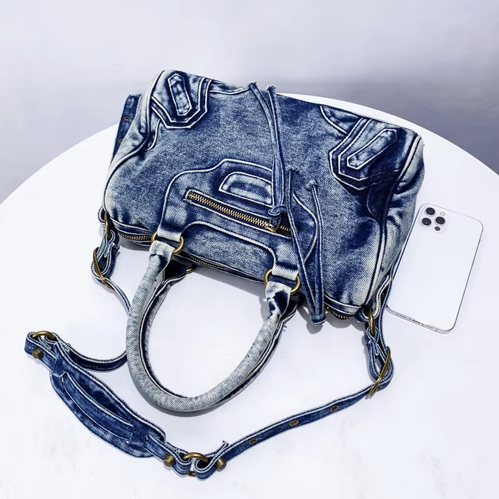 Women's Washed Denim Handbag with Zippered Pockets and Handles