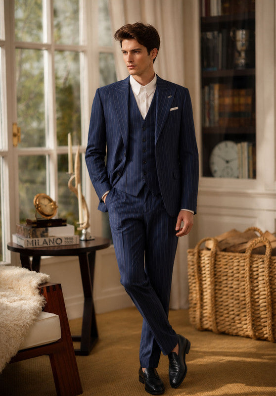 Costume Trois Pièces Homme Coupe Slim à Rayures avec Col Notch et Gilet Cinq Boutons