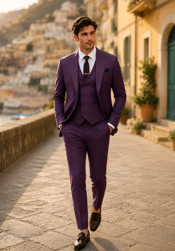 Costume Trois Pièces Homme Coupe Slim avec Col Peak et Gilet Croisé