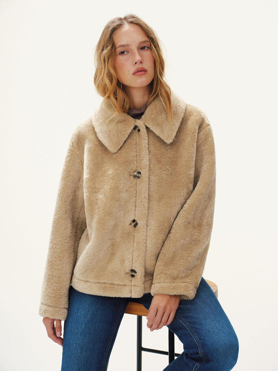 Women's Straight-Cut Buttoned Faux Fur Jacket