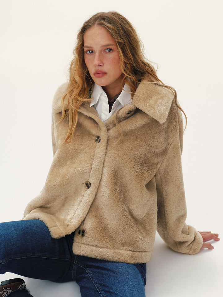 Women's Straight-Cut Buttoned Faux Fur Jacket