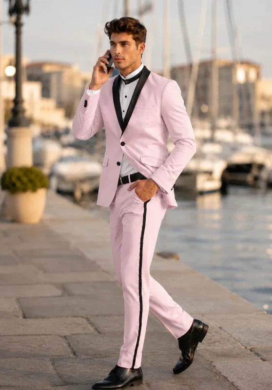 Esmoquin de dos piezas para hombre, corte ajustado, con solapa de chal en contraste y pantalón con banda lateral
