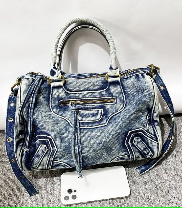 Women's Washed Denim Handbag with Zippered Pockets and Handles