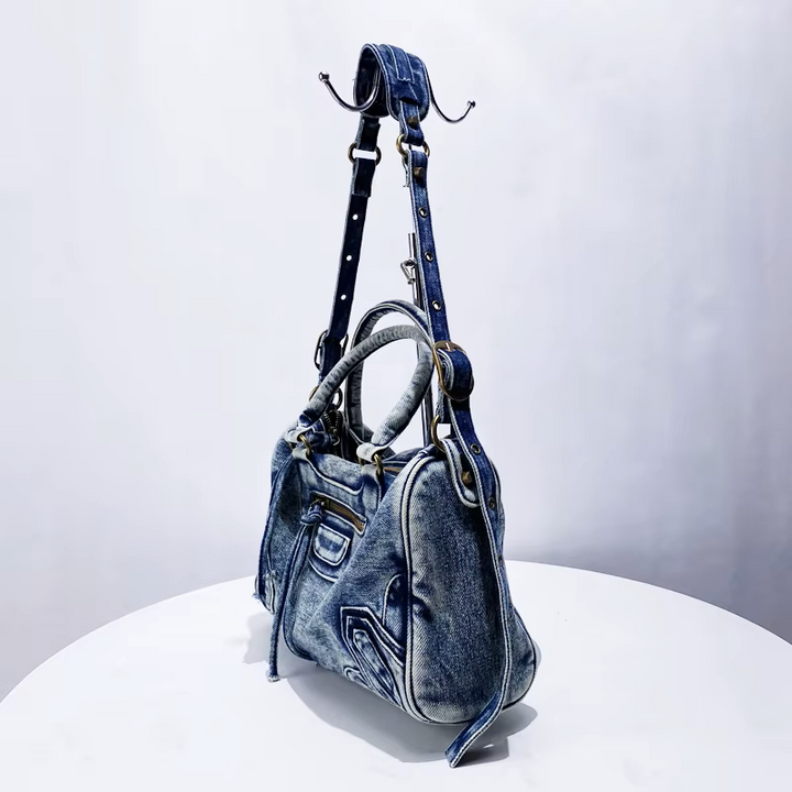 Women's Washed Denim Handbag with Zippered Pockets and Handles