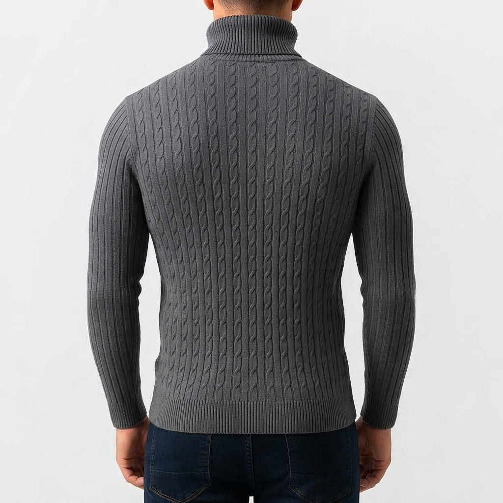 Pull Col Roulé Homme en Maille Torsadée avec Bordures Côtelées