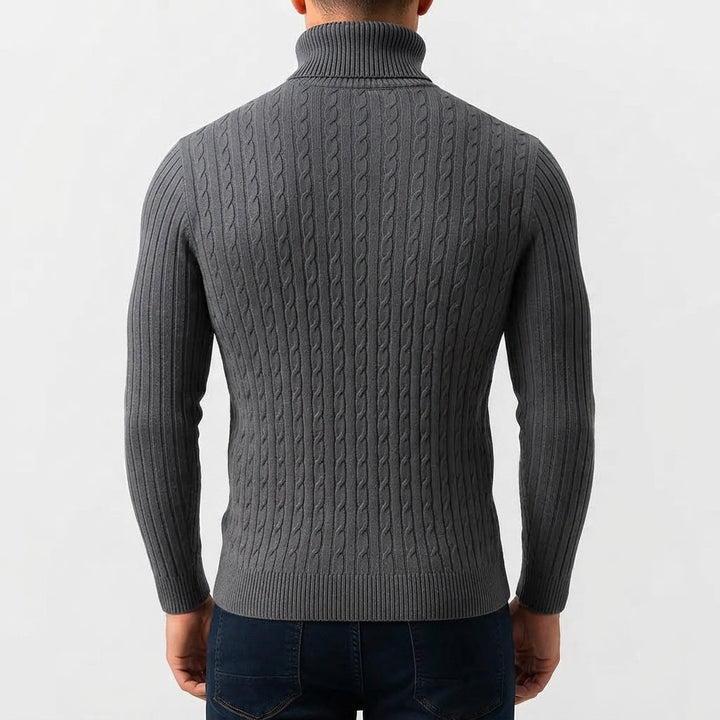 Pull Col Roulé Homme en Maille Torsadée avec Bordures Côtelées