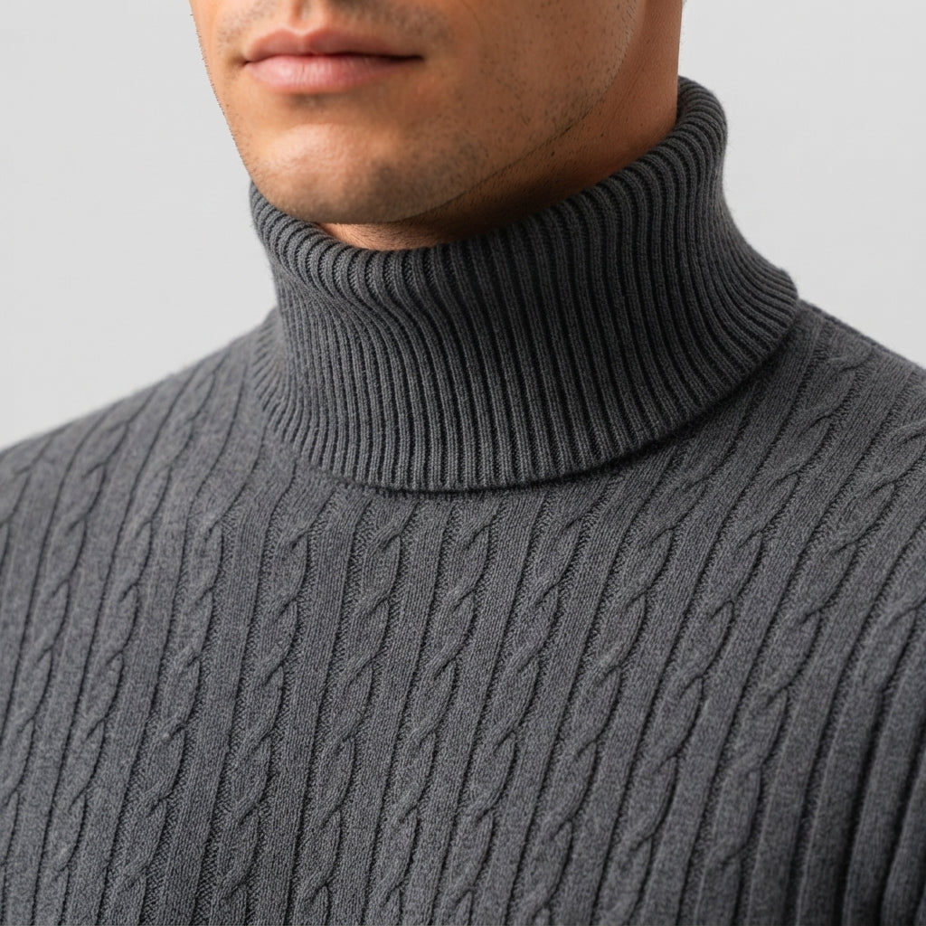 Pull Col Roulé Homme en Maille Torsadée avec Bordures Côtelées