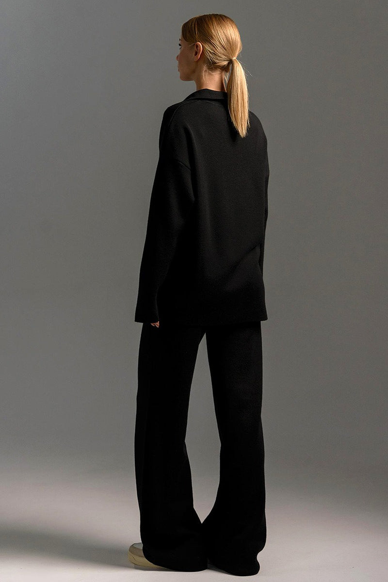 Women's Knit Polo Sweater & Wide-Leg Trousers Set - Viscose and Polyester