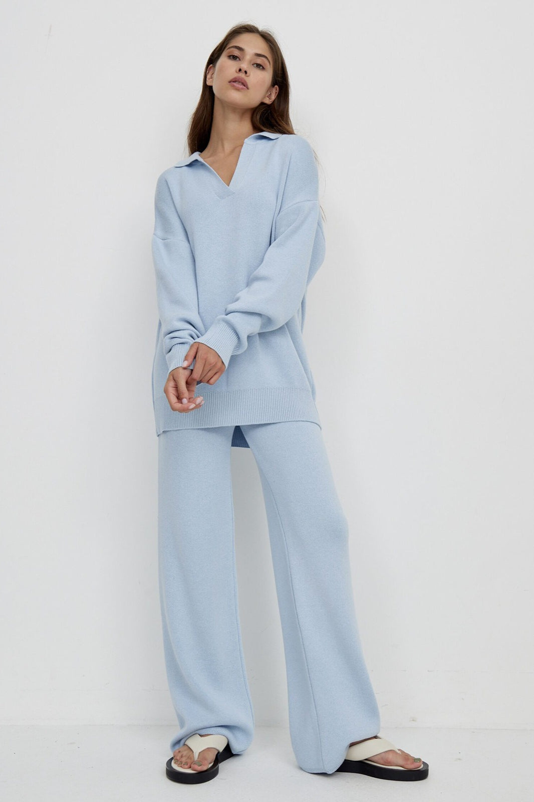 Women's Knit Polo Sweater & Wide-Leg Trousers Set - Viscose and Polyester