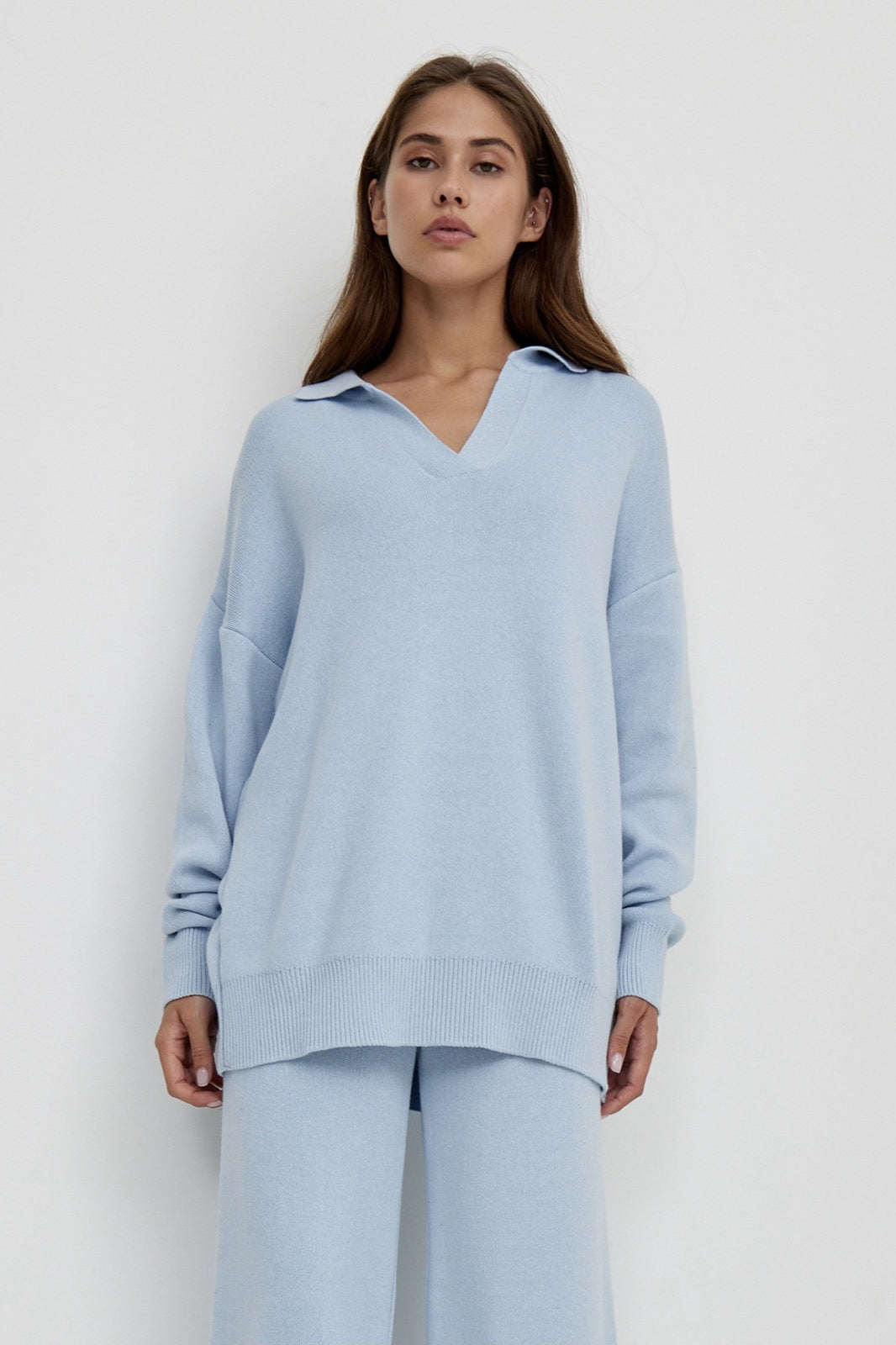Women's Knit Polo Sweater & Wide-Leg Trousers Set - Viscose and Polyester