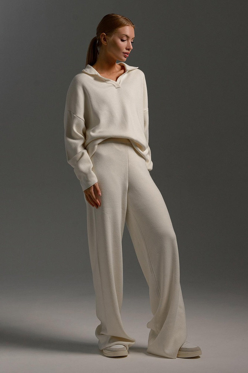 Women's Knit Polo Sweater & Wide-Leg Trousers Set - Viscose and Polyester