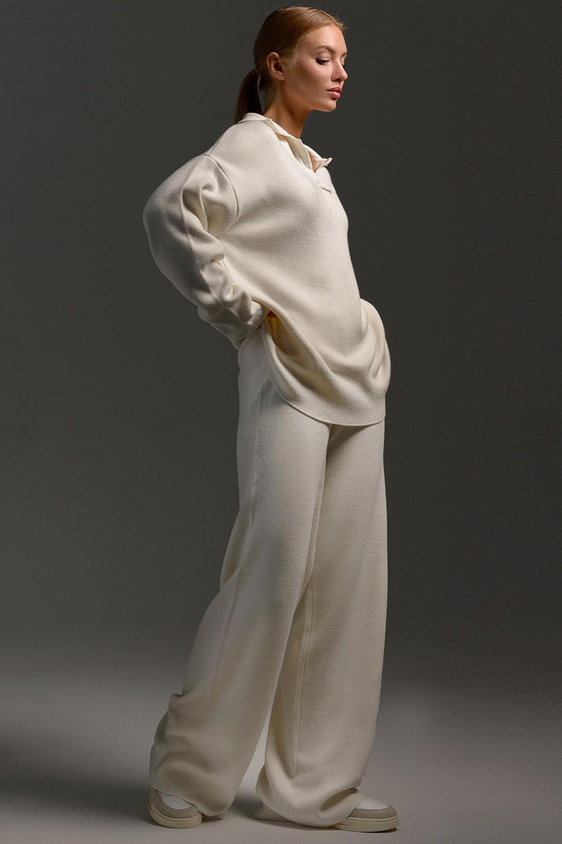 Women's Knit Polo Sweater & Wide-Leg Trousers Set - Viscose and Polyester