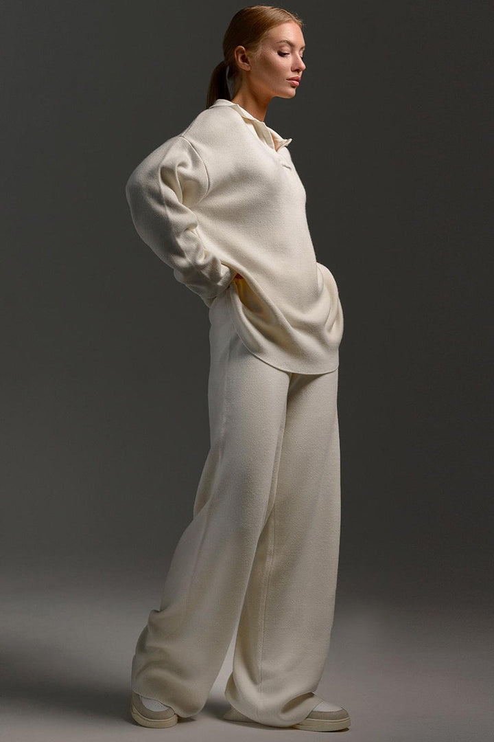 Women's Knit Polo Sweater & Wide-Leg Trousers Set - Viscose and Polyester